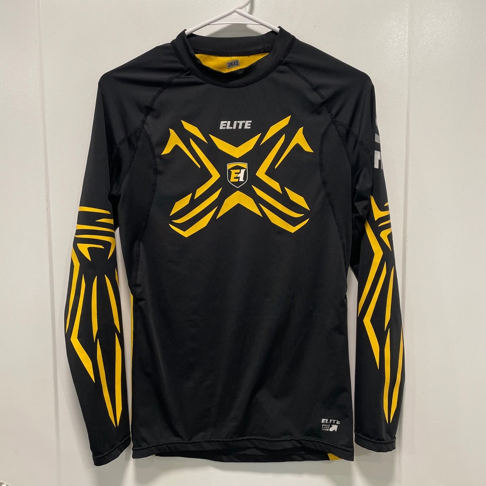 Elite Hockey Pro Sport Tech Long Sleeve Compression Shirt Black Yellow Graphic S